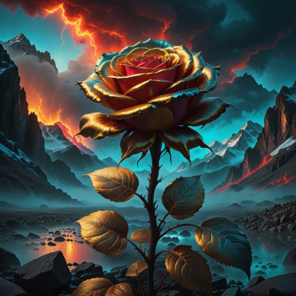 Golden Rose with Neon Fire in Maximalist Style