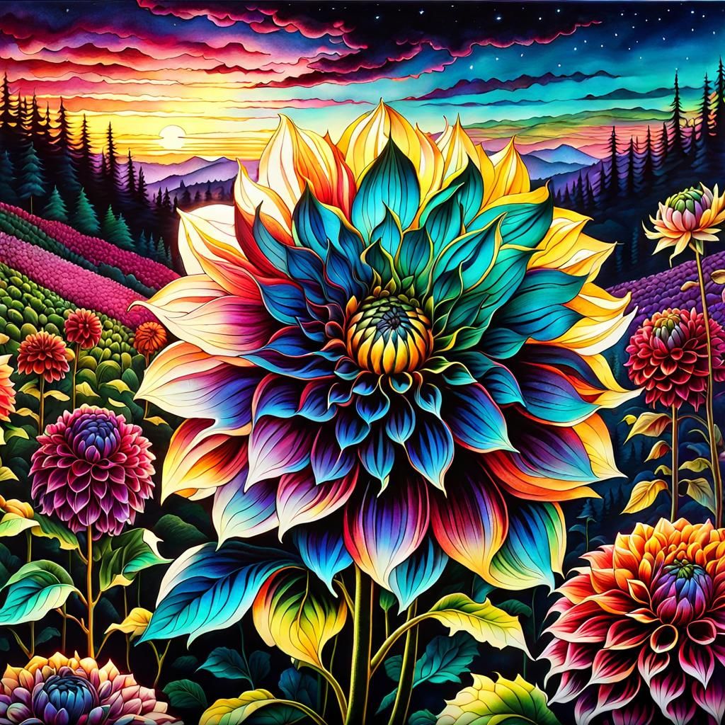 Enchanting Glowing Dahlias in Psychedelic Ink