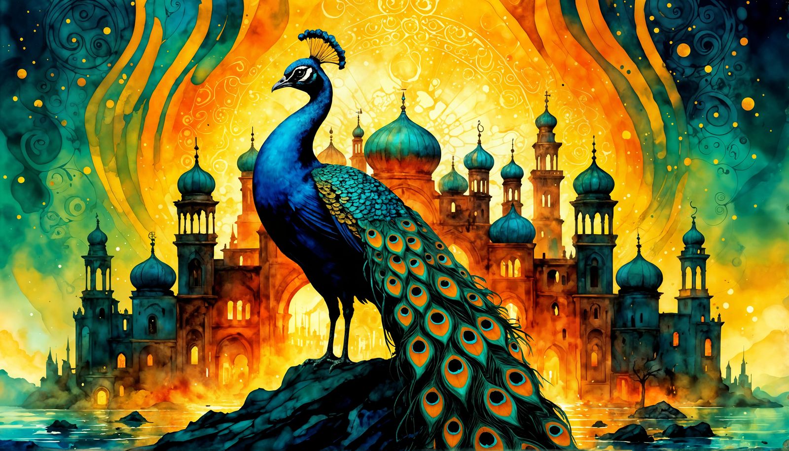 Magical Rococo Alien-Peacock in Steampunk Library