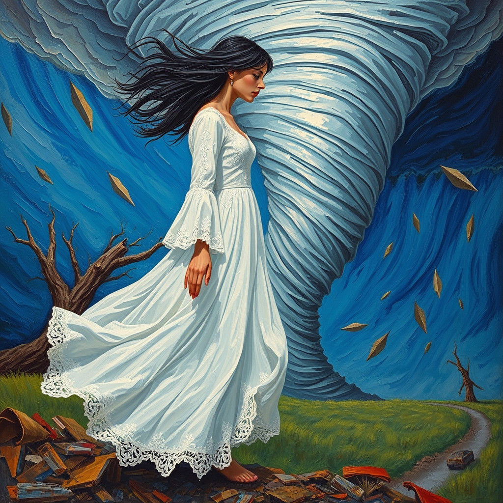 Woman Facing Tornado as Impasto Painting