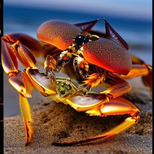 Hyperdetailed Amber Crab on Beach at Sunset