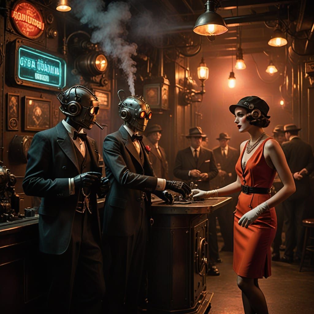 Steampunk Robots Socializing in Noir Speakeasy