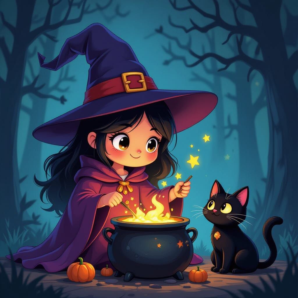 Cartoon Witch Stirring Cauldron with Black Cat
