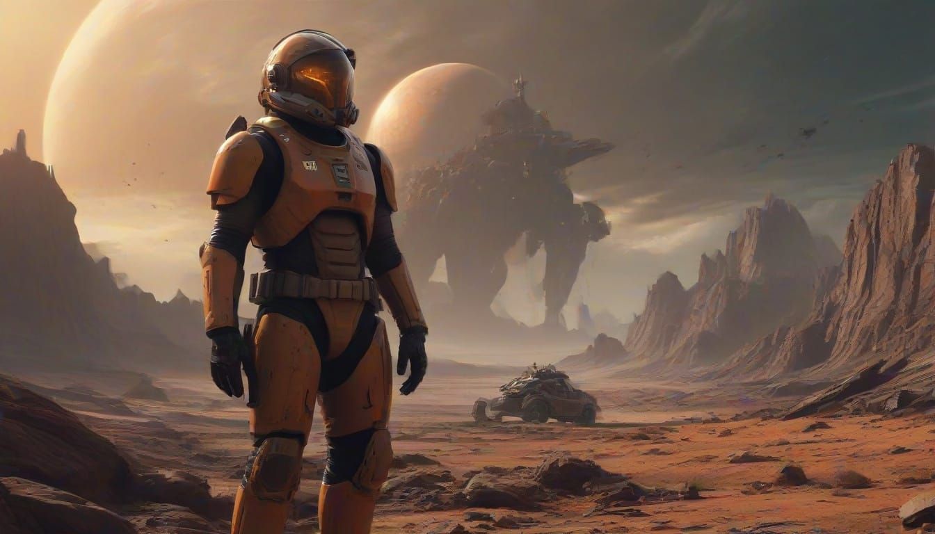 Cyberpunk Commander Stands Amidst Mars Warzone