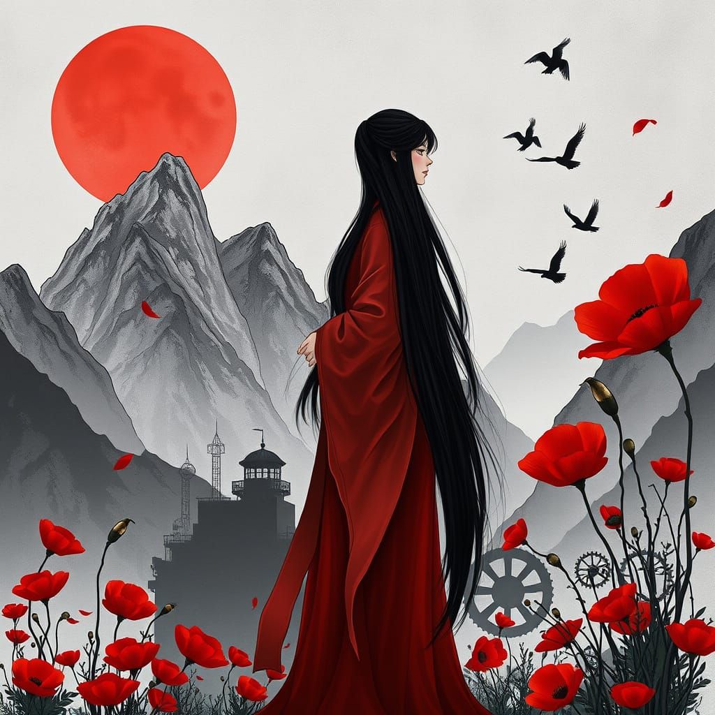 Woman in Red Kimono in Steampunk Landscape