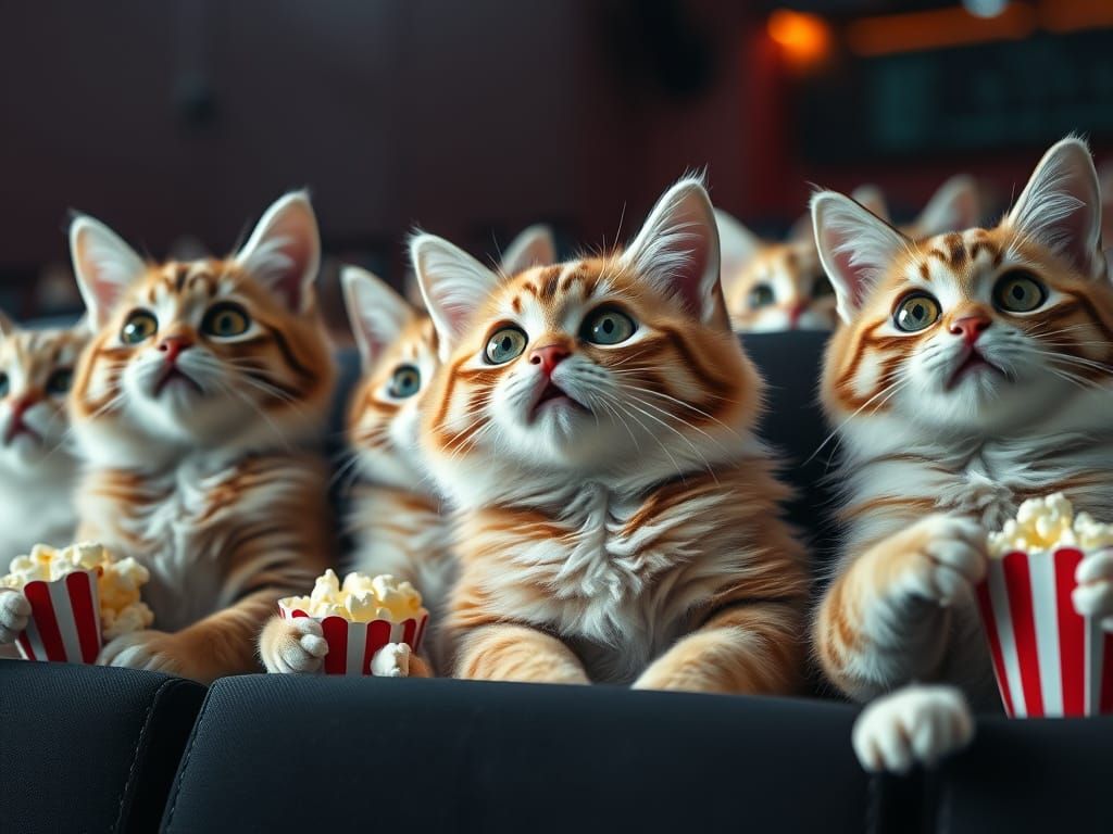 Goofy Cats Reacting in a Cinema with Popcorn