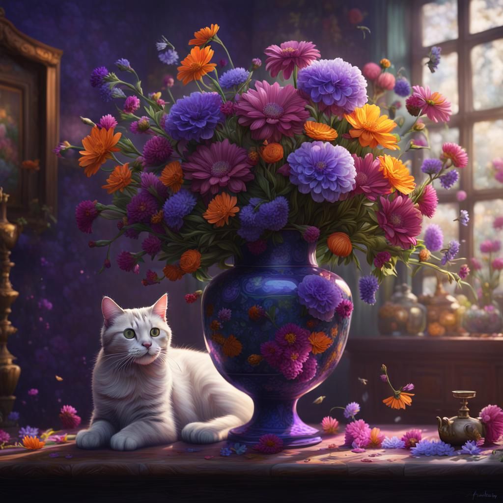 Cat and Flowers Still Life: Matte Painting