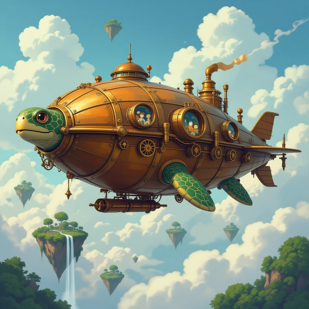 Steampunk Turtle Airship Soaring Through Fantasy Skies