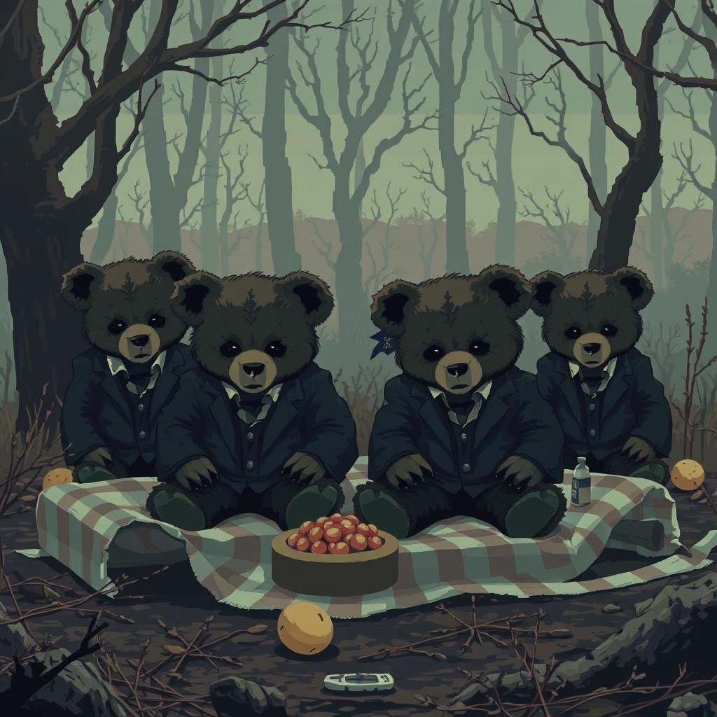 C64 side scroller game. Teddy bears picnic. sinister