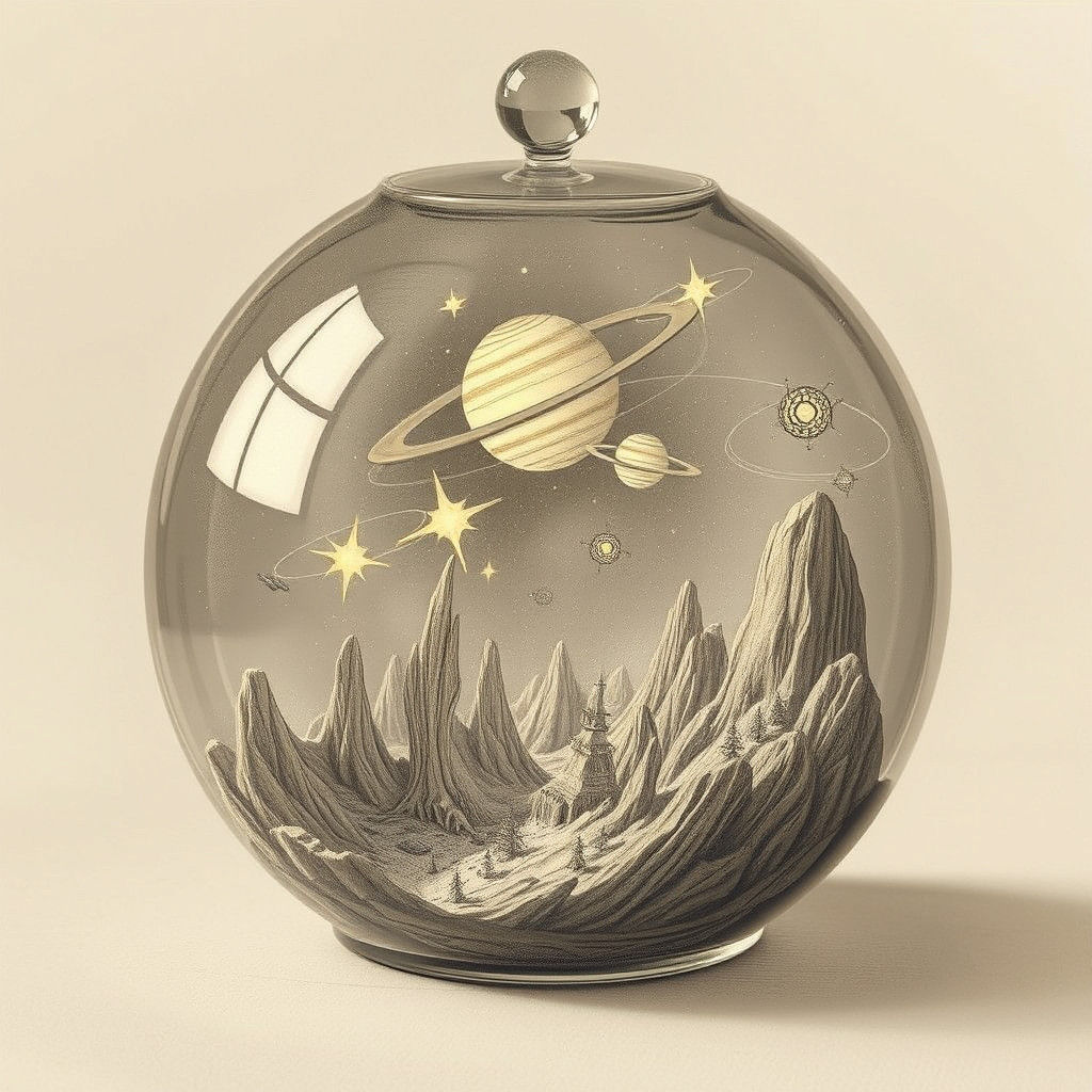 World in Glass Vessel as Pencil Sketch