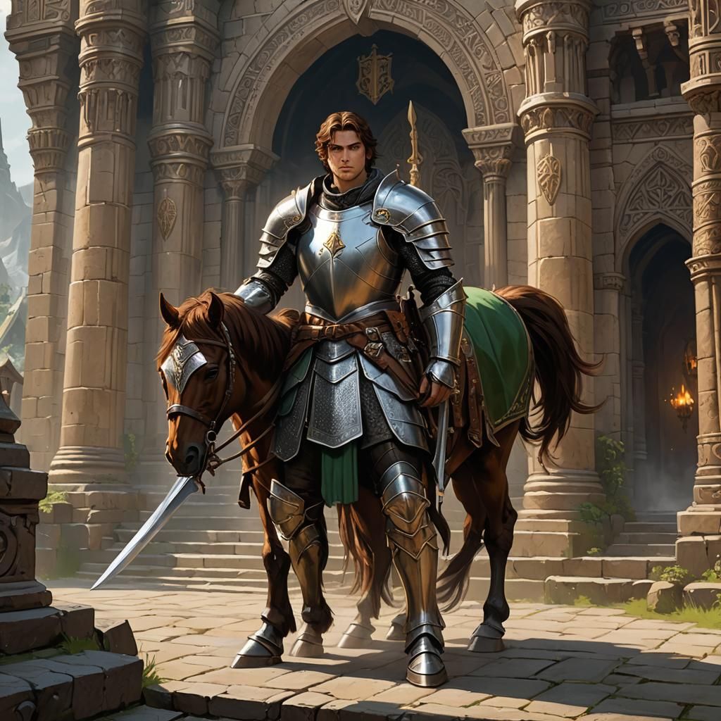 Young Paladin and Warhorse Before Temple