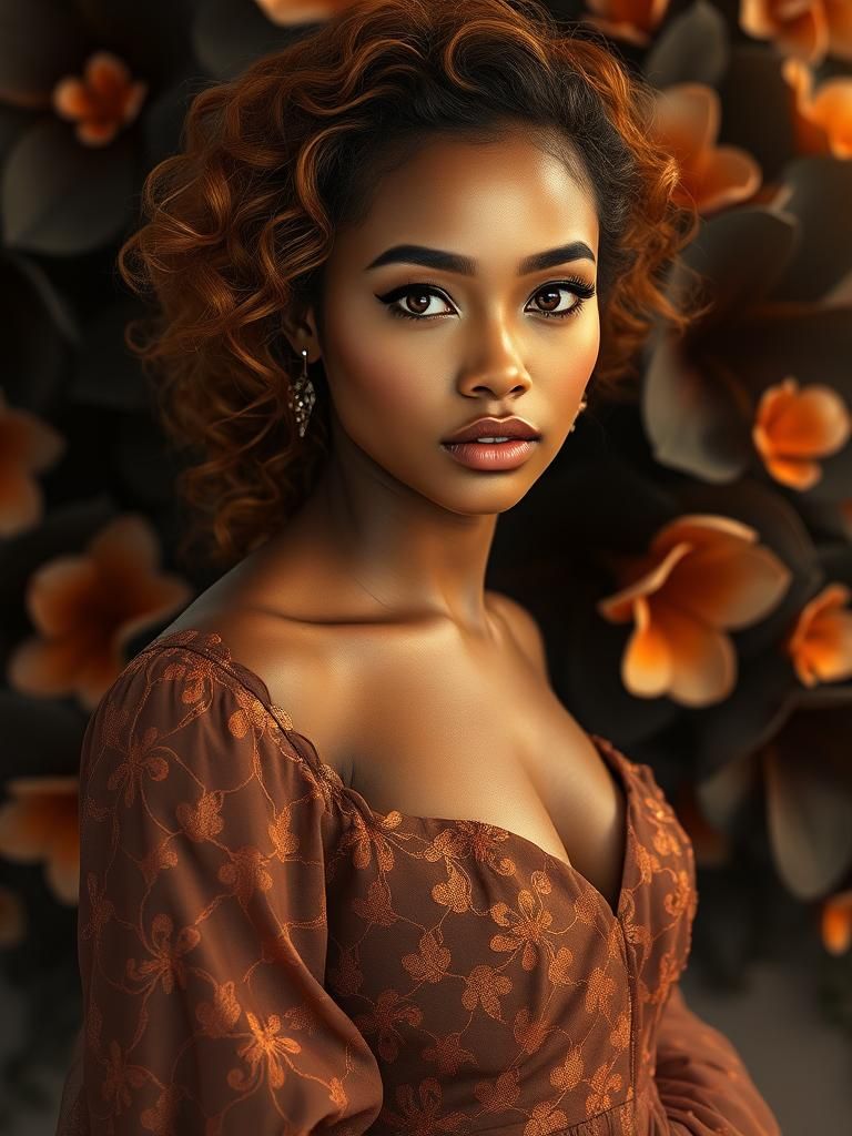 Beautiful Woman with Orange Accents and Dark Floral Backdrop