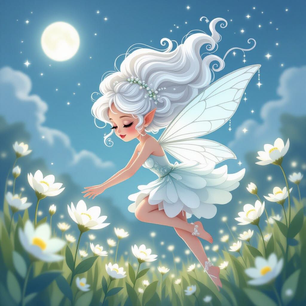 Ethereal Fairy Hovering Over Moonlit Flowers