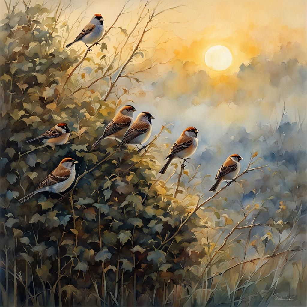 House Sparrows in Hedge, Detailed Watercolor Illustration