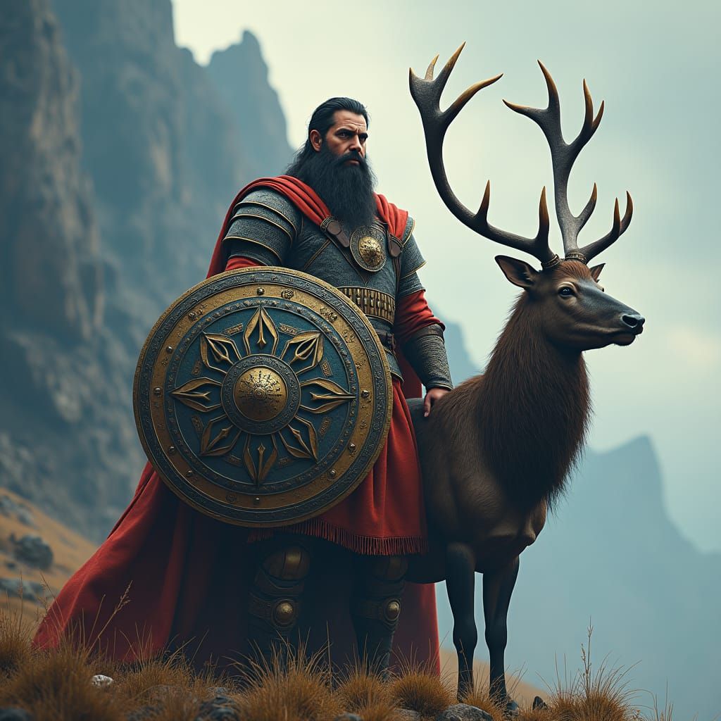 Burebista Portrait with Sika Deer, Detailed Digital Art