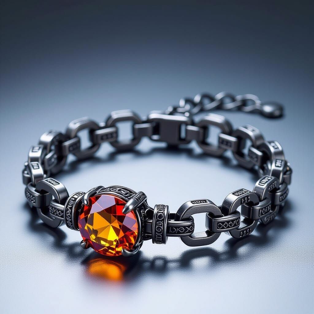 Dark Metal Bracelet with Orange-Amber Jewel in Biomechanical...