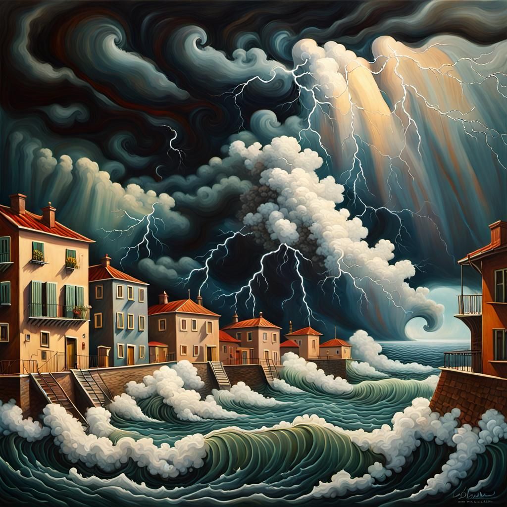 Stormy Coastal Town Oil Painting with Lightning