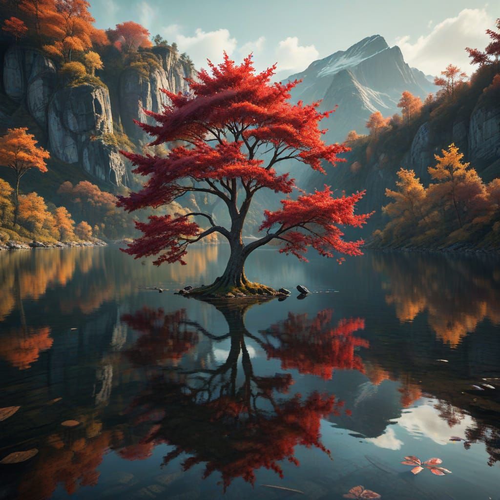 Crimson Tree by Calm Lake in Hyperrealistic Photo