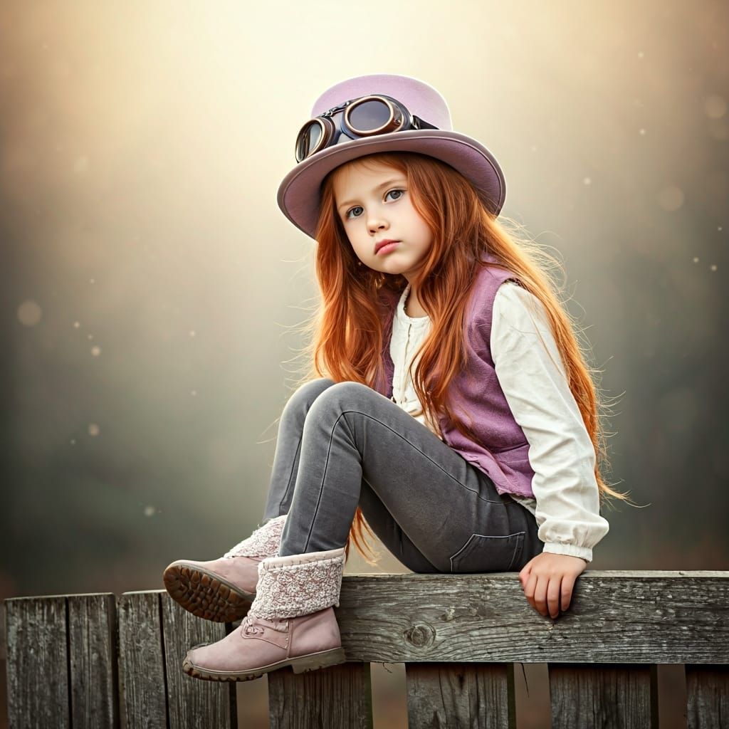 Girl with Top Hat and Goggles on Fence