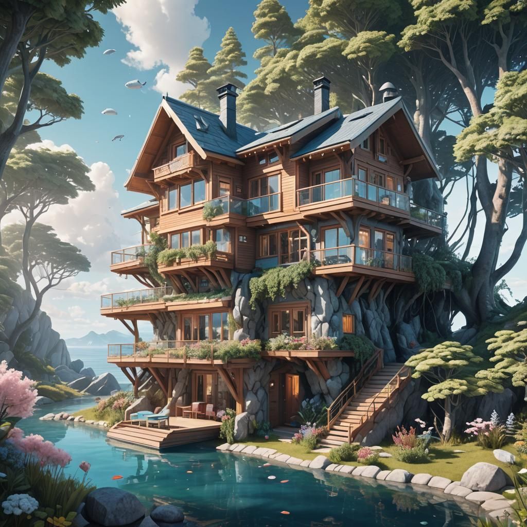Futuristic Chalet on Cloud, Hyperrealistic Sci-Fi Art