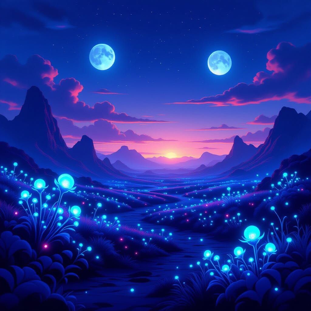 Bioluminescent Alien Landscape at Dusk