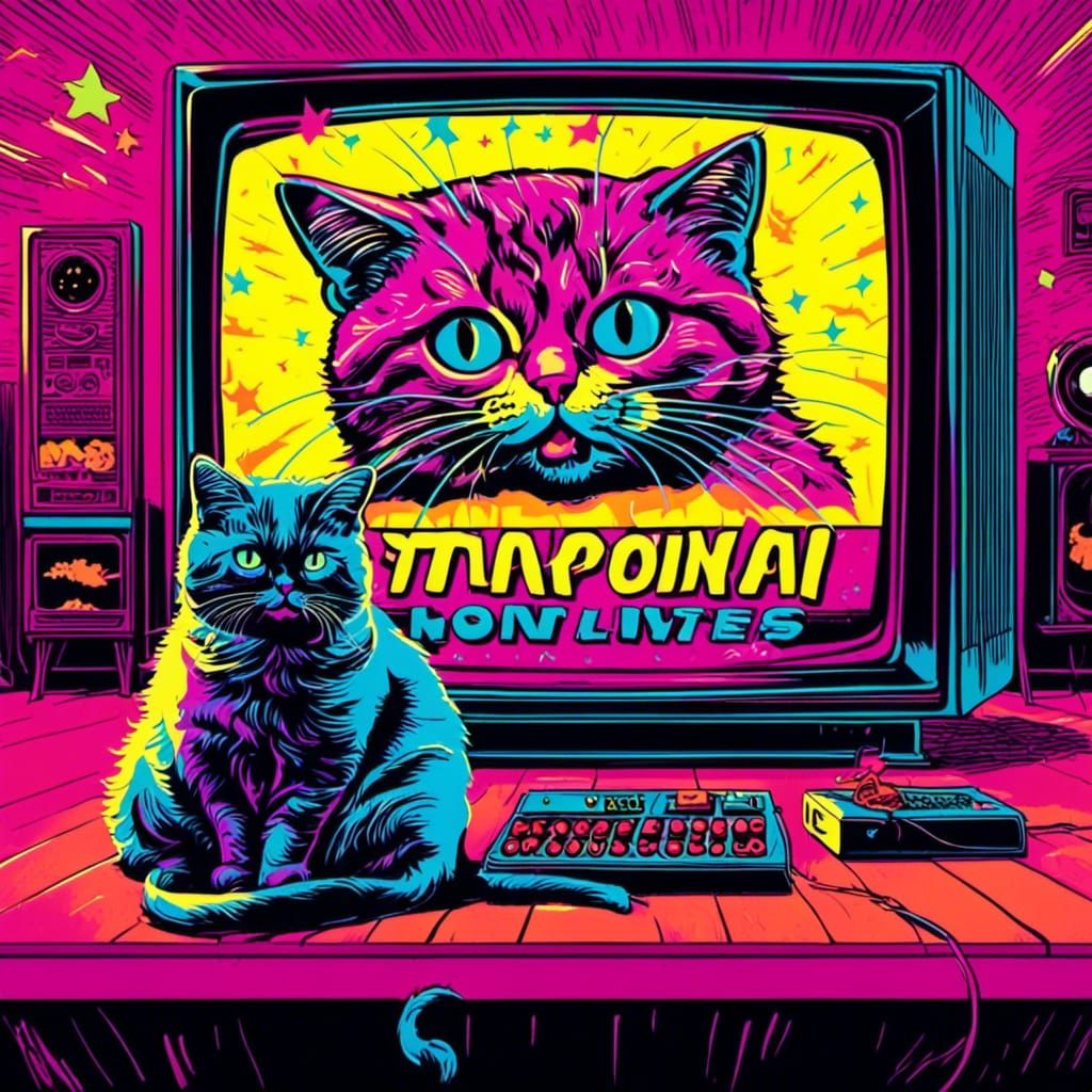 80s Cat Enjoying Horror Movies in Neon Style