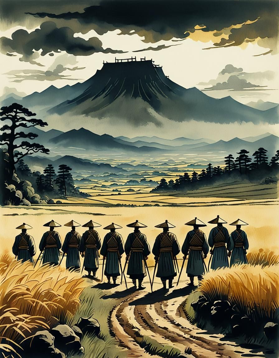 Seven Samurai in Japanese Woodblock Style