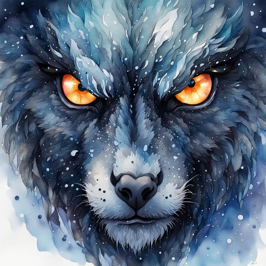 Glowing Eyes: A Warrior's Fear in Digital Watercolor