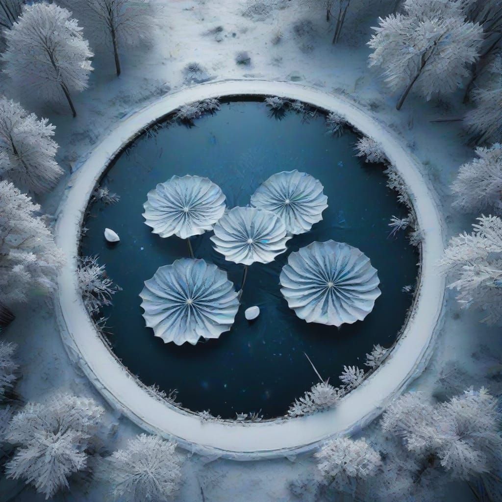 Frozen Lake Scene with Lotus Tattoo Silhouette in Snowy Atmo...