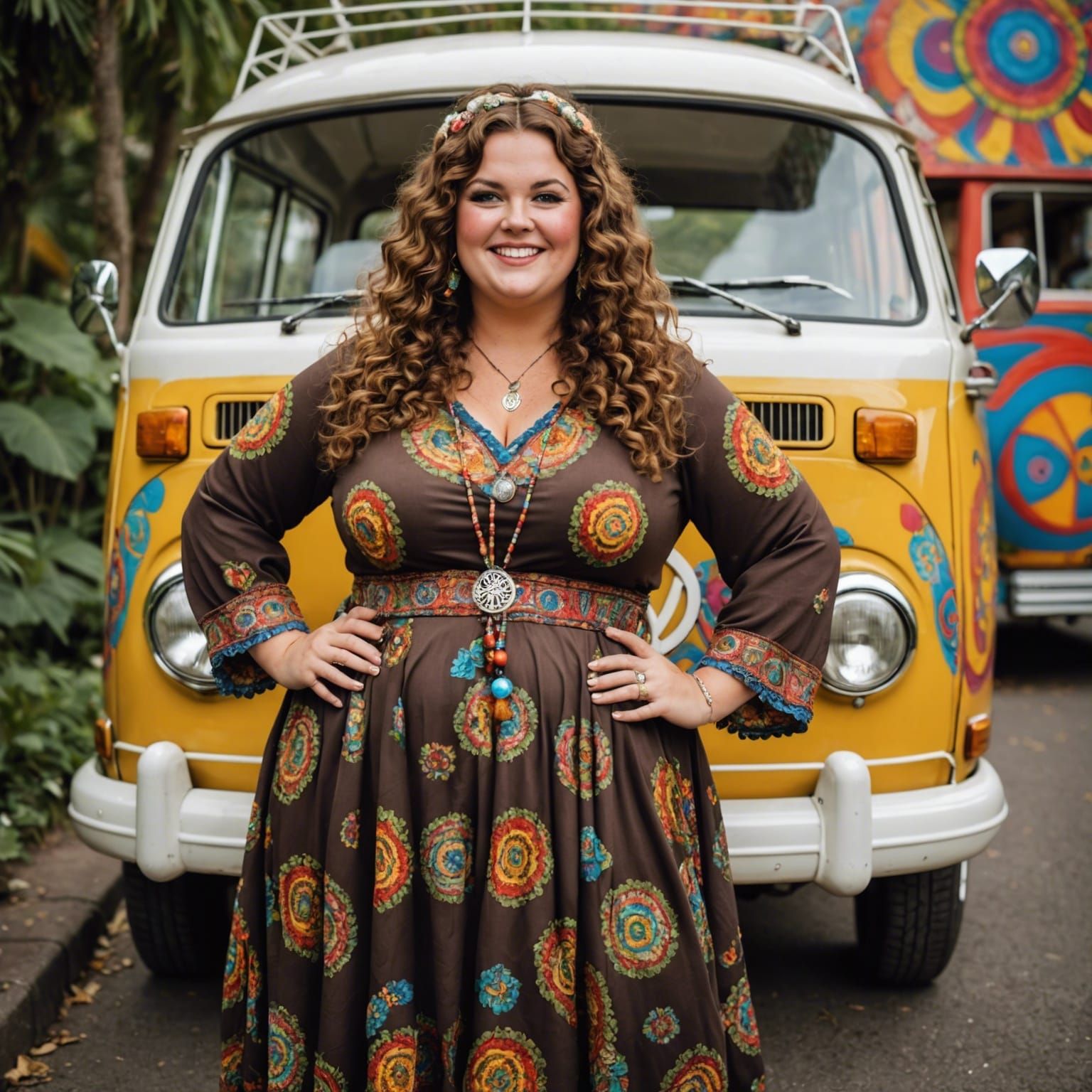 Curvy Woman in 60s Style with VW Bus