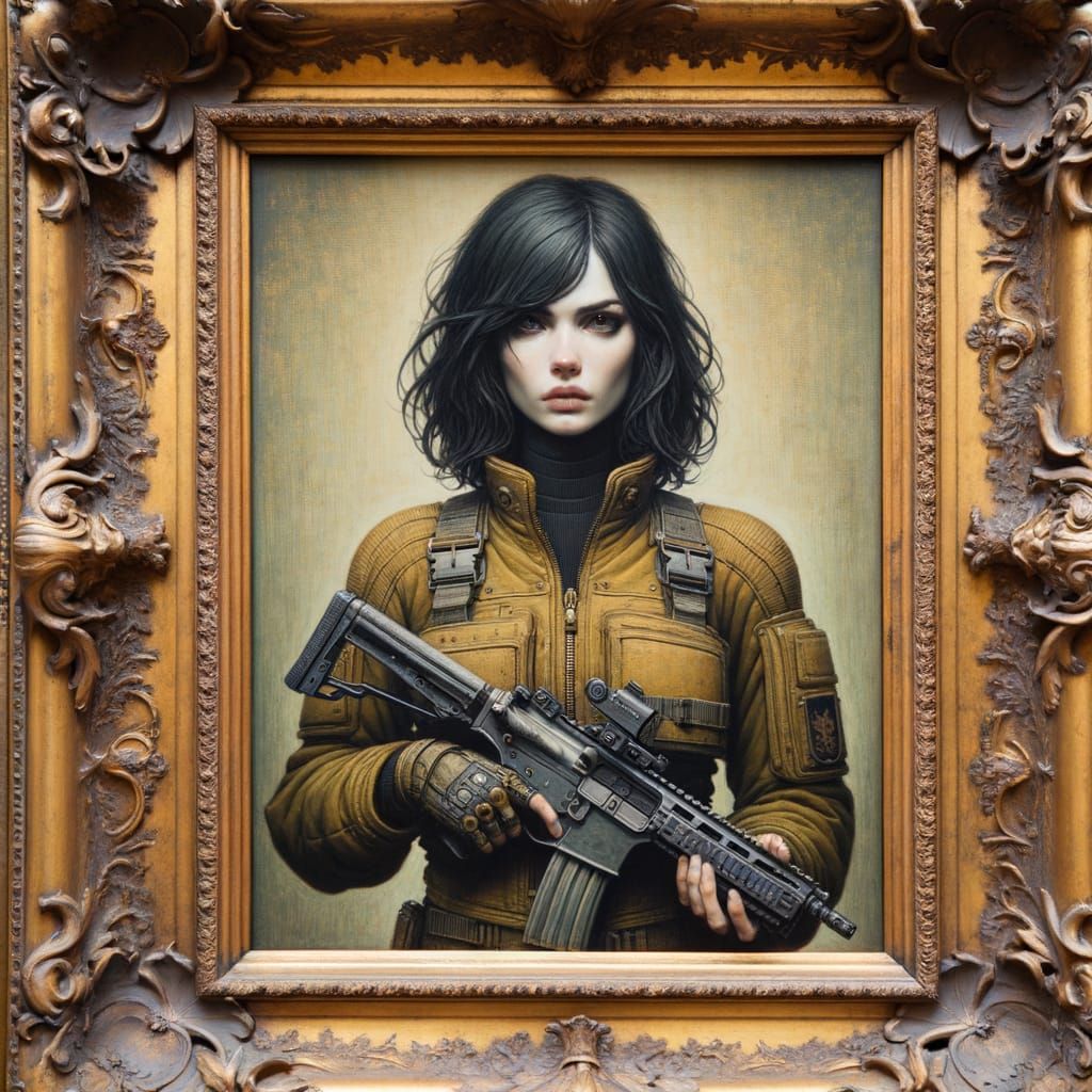 Renaissance Portrait: Woman with Firearm in Gilt Frame