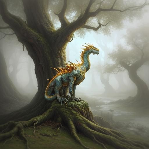 Golden Dragon on Ancient Oak, Oil Painting