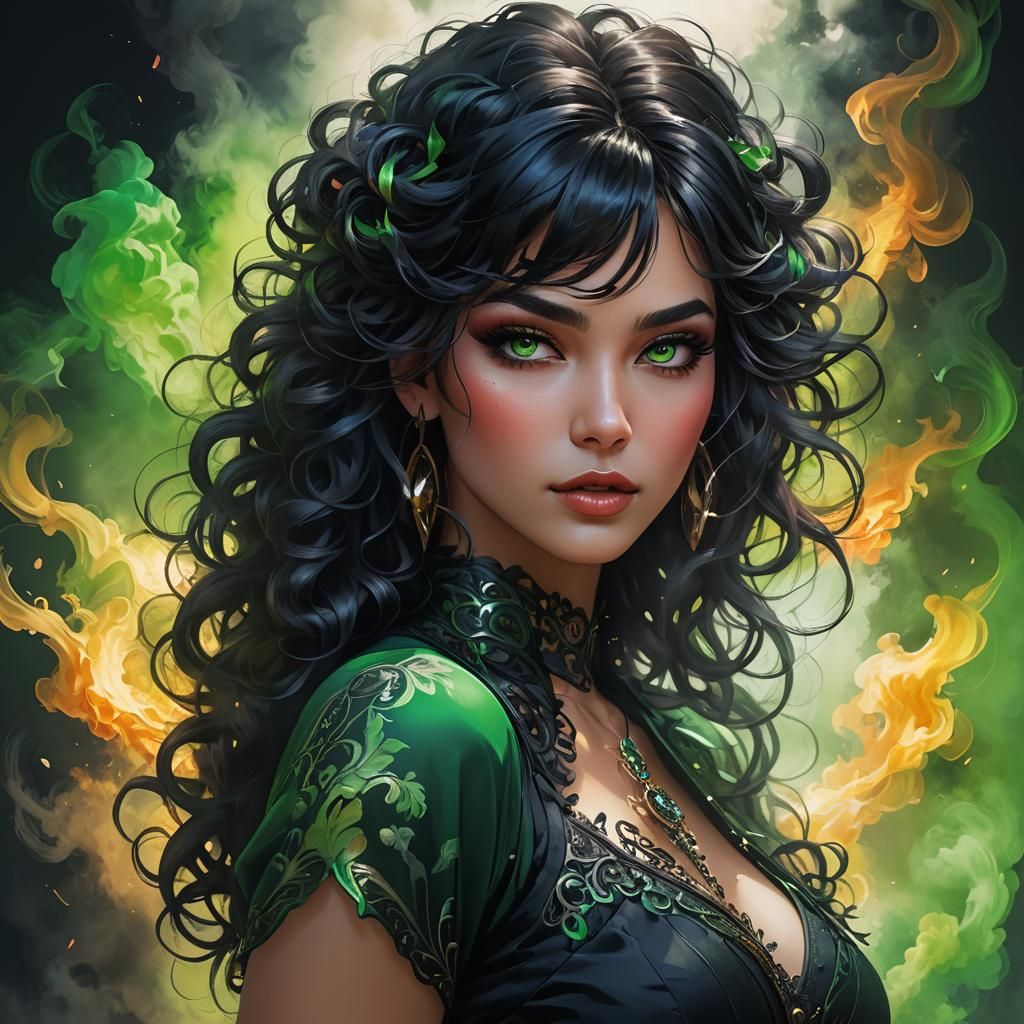 Woman with Black Hair Made of Colorful Smoke