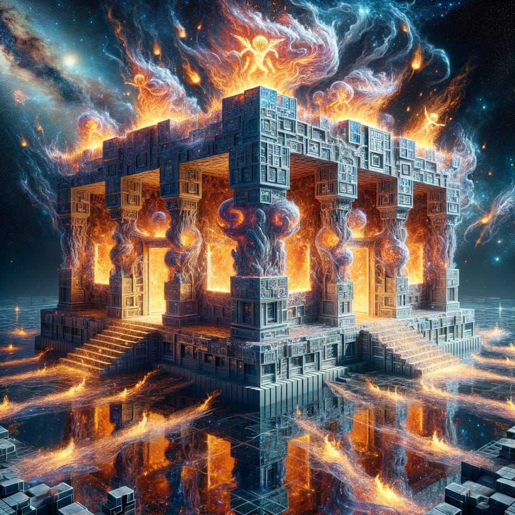 Crystal House Surrounded by Fire in Hyperrealistic Style