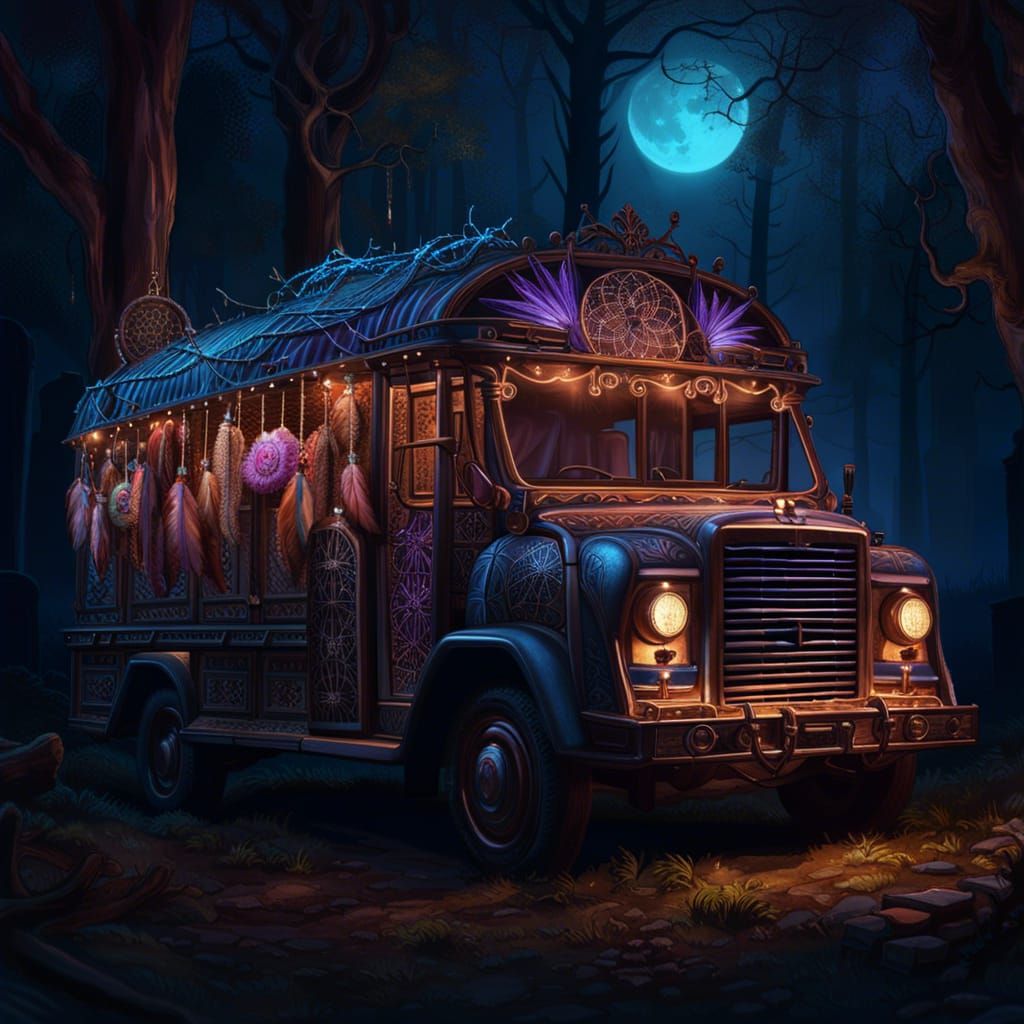 Dreamcatcher Shop Truck in Moonlit Graveyard
