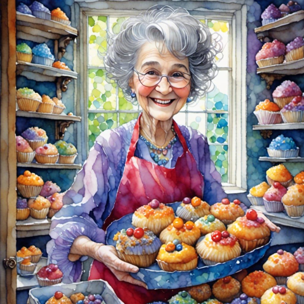 Smiling Old Woman with Muffins in Kitchen