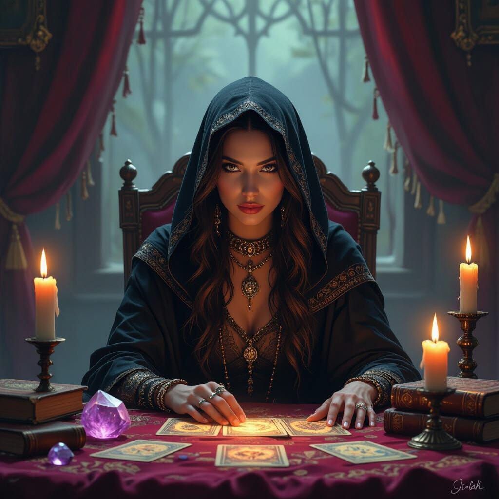 Mystical Tarot Reader at Candlelit Table