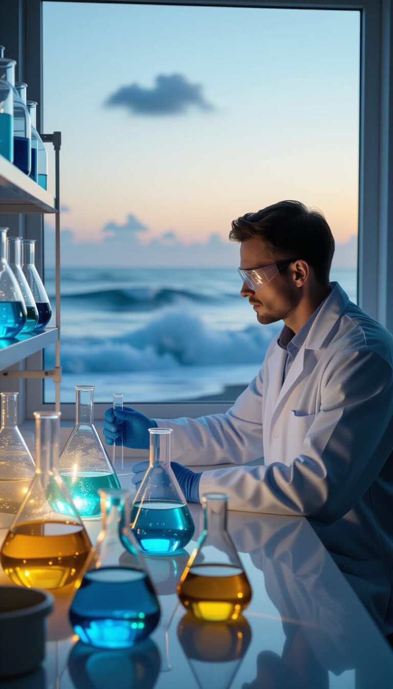 Scientist in Coastal Lab with Glowing Blue Equipment at Nigh...