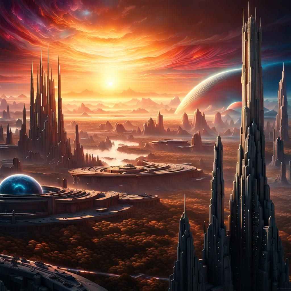 Galactic Sunrise Over a Futuristic Cityscape
