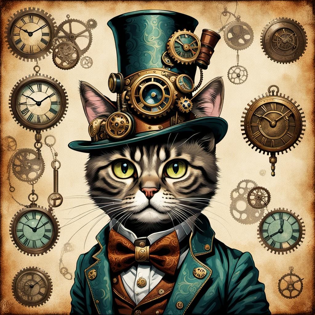 Steampunk Cats in European Ink Wash Painting