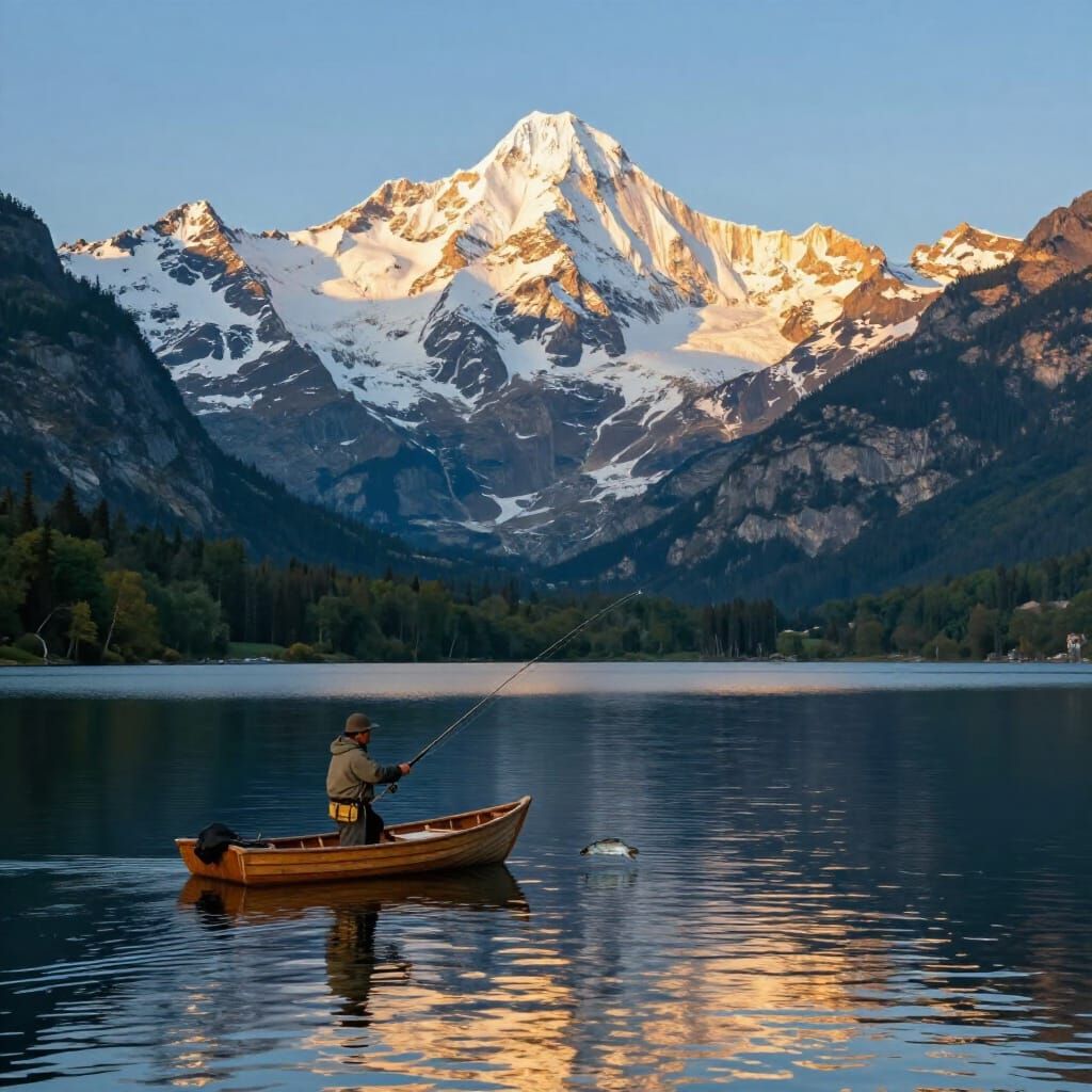 Serene Lake Fishing at Golden Hour with Mountain View