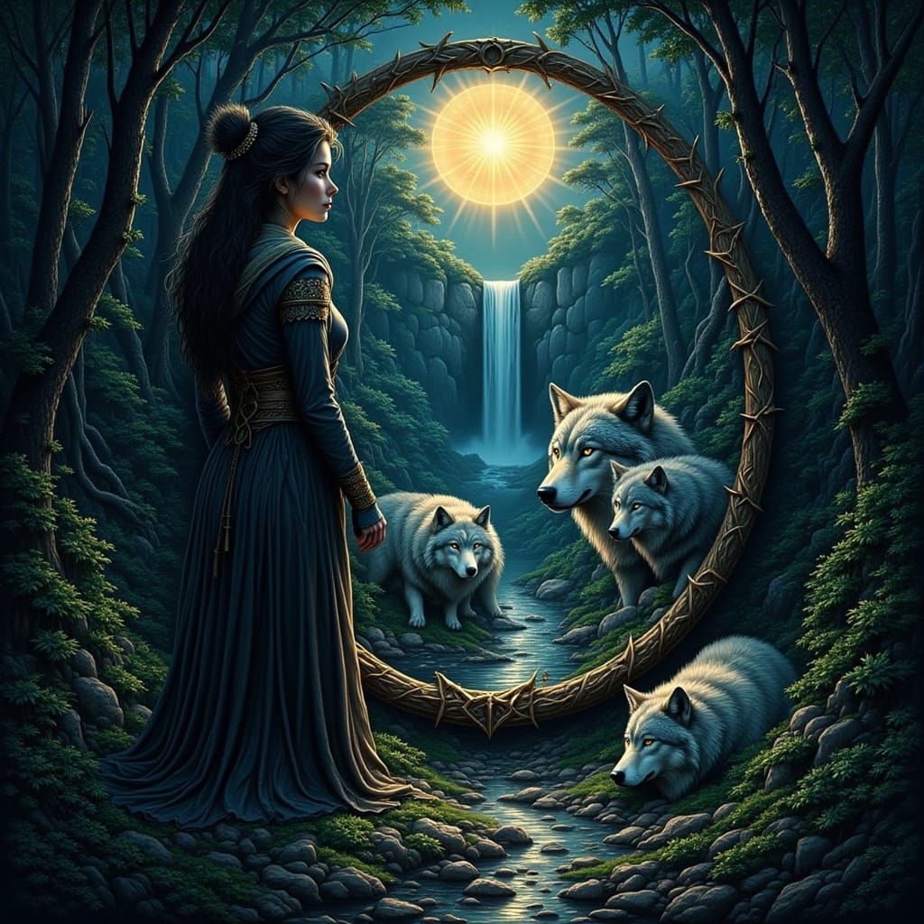 Warrior Woman and Ladywolf Reflected in Magic Mirror