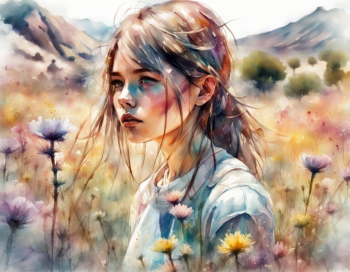 Schoolgirl in Wildflowers: Digital Watercolor Art