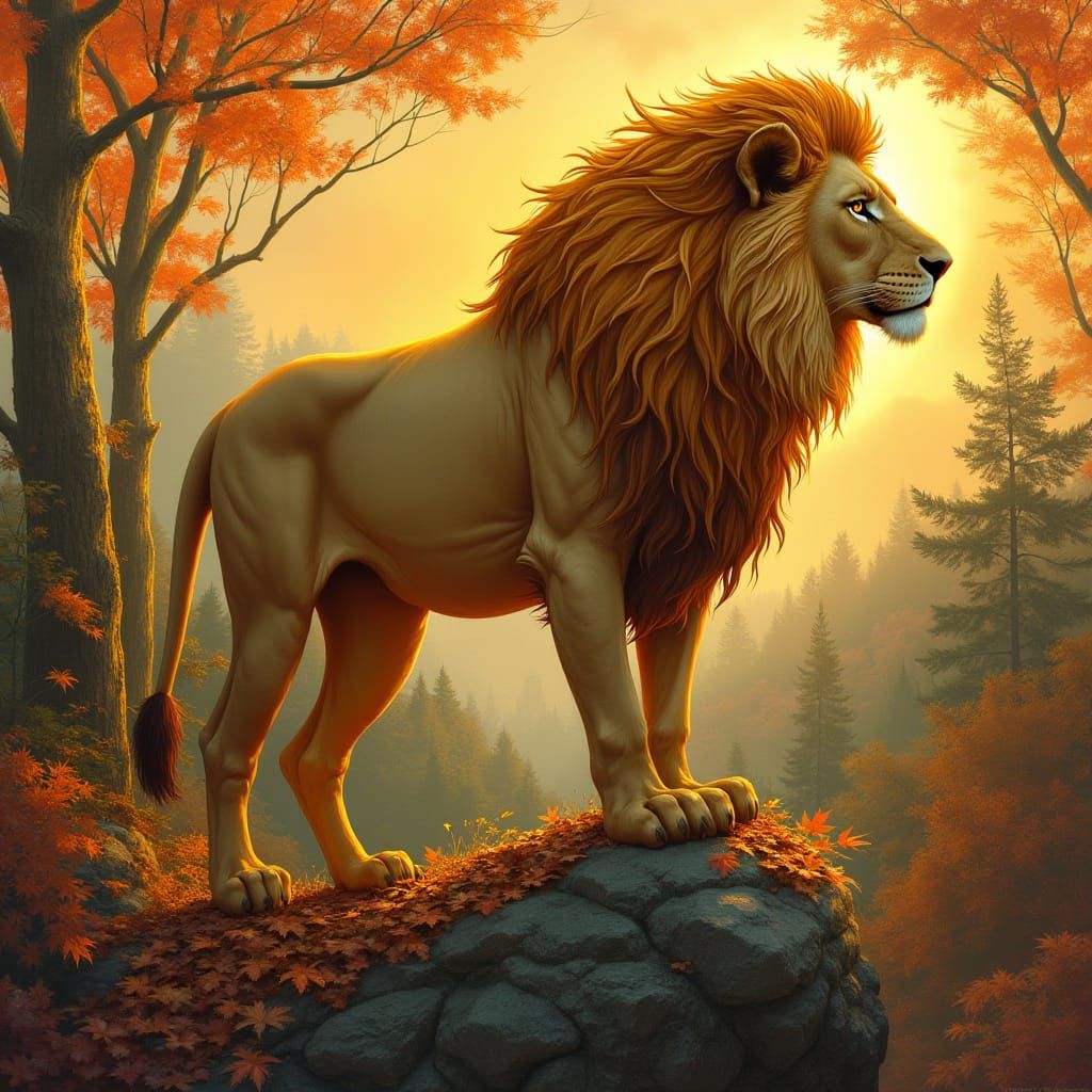 Lion with Golden Leaf Mane in Art Nouveau Style