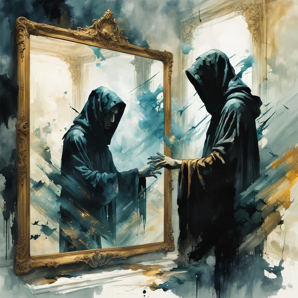 Hooded Shadow Figure Behind Mirror: Watercolor Art