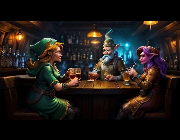 Gnomes Casting Magic Spells in Tavern, Digital Art