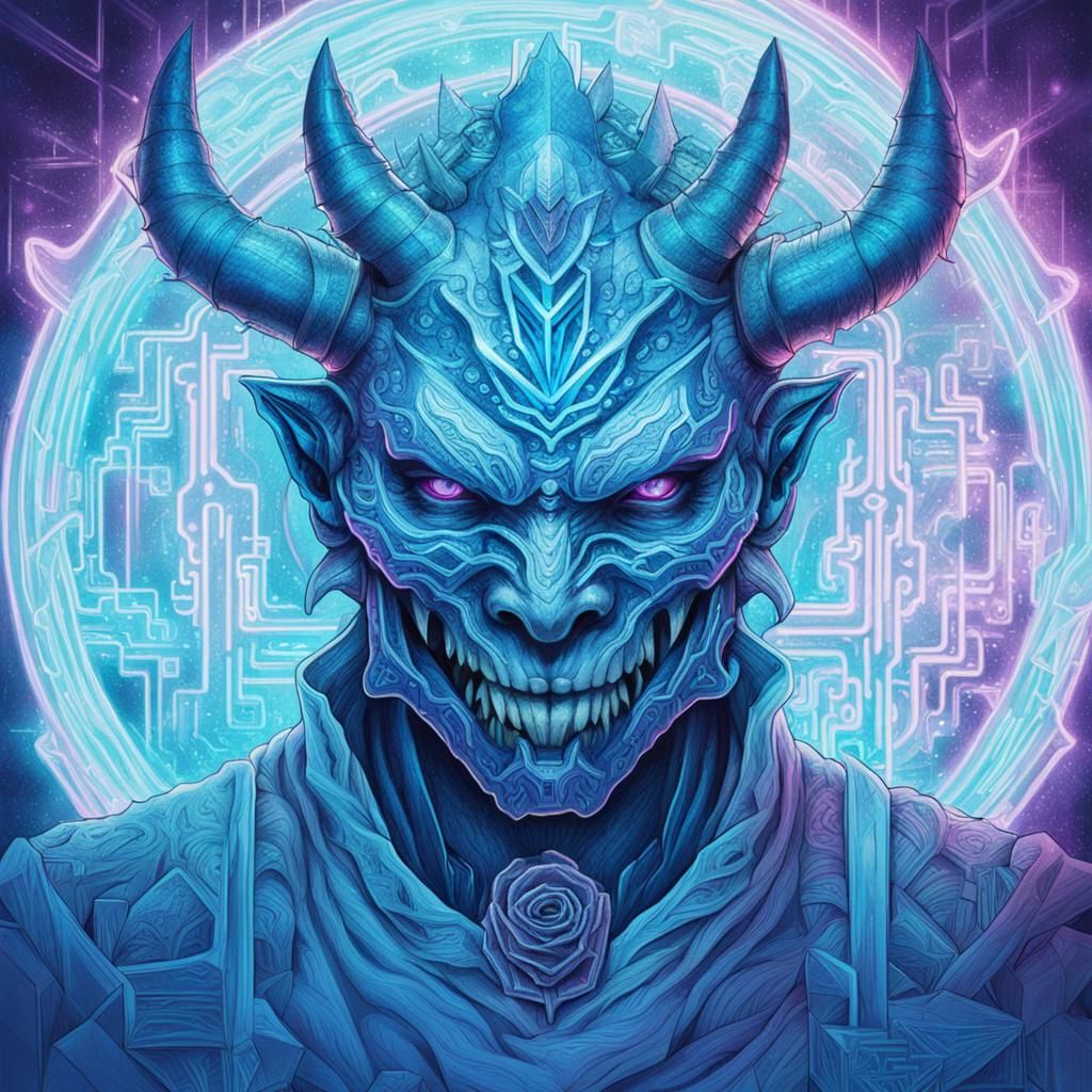 Hyperrealistic Ice Demon with Neon Vaporwave Tattoos