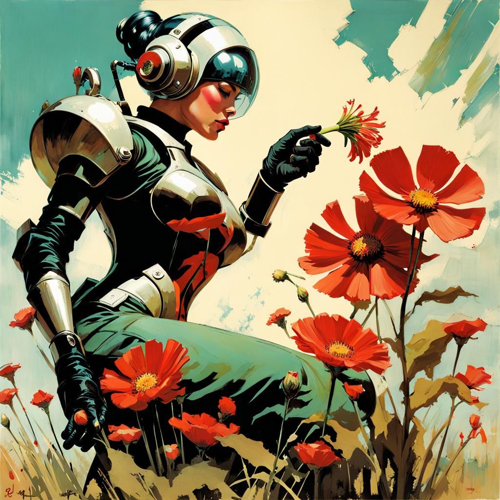 Cyborg Picking Flowers in Cyberpunk Technicolor