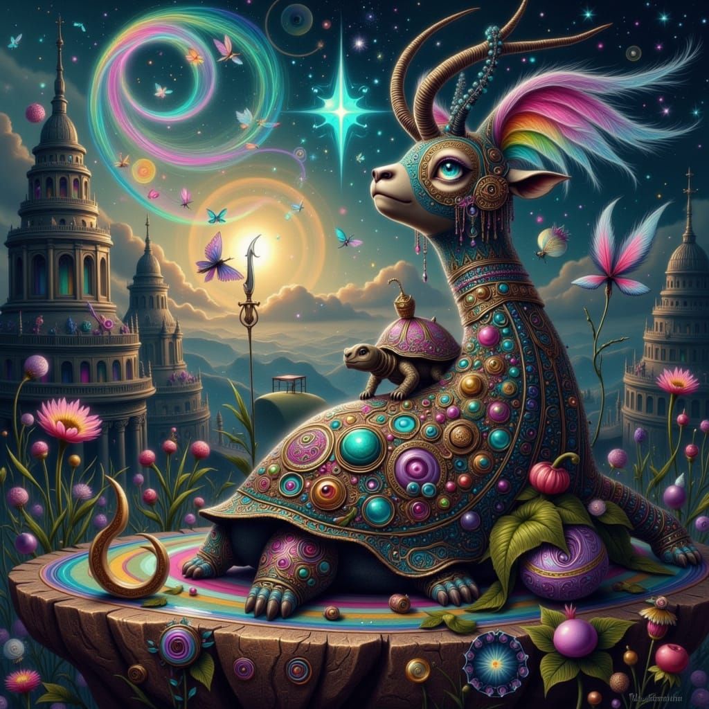 Majestic Ibex Amidst Glowing Geode and Whimsical Energies