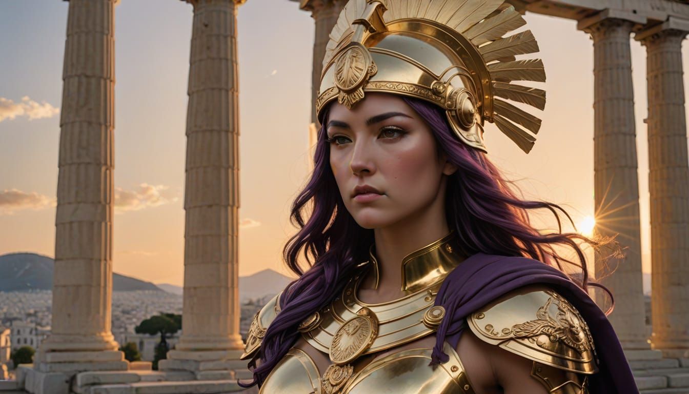 Greek Goddess Athena in Regal Hoplite Armor, Seer in Hand, P...